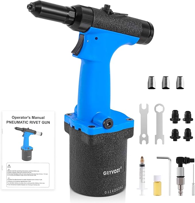 Pneumatic Rivet Gun Kit – Air Pop Riveter with 3/32", 1/8", 5/32", 3/16" Rivet Nozzles, Heavy Duty Air Hydraulic Pop Riveting Tool Set for Automotive, Construction, Manufacturing Industries