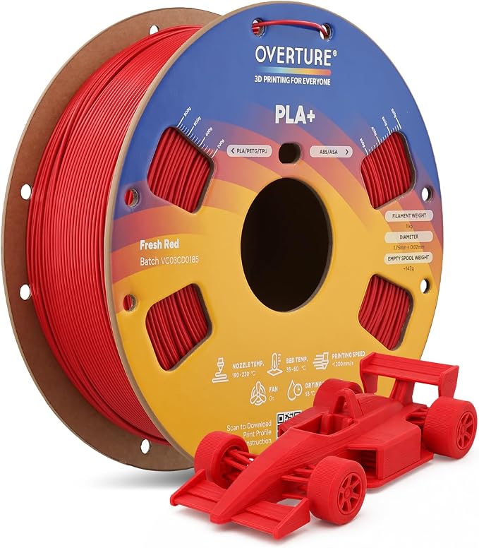 OVERTURE High Speed PLA+ 3D Printer Filament 1.75mm, Upgraded Rapid PLA 2.0 with Enhanced Toughness & Stability, 1kg Spool (2.2lbs) Fit Most FDM 3D Printers (Fresh Red)