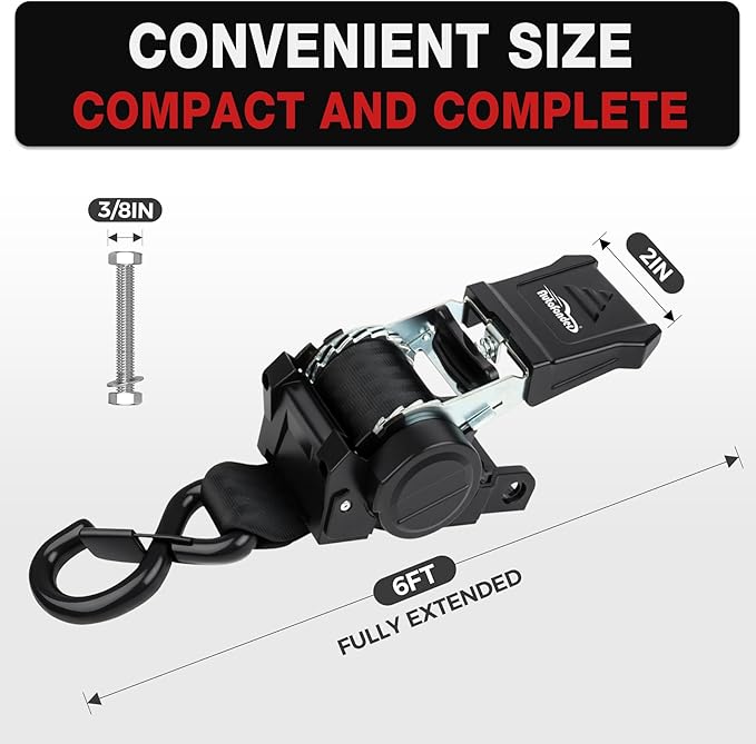 Retractable Boat Tie Down Straps-2" x 6ft Heavy Duty Transom Strap,Trailer Bolt-On Mount Ratchet Straps for Boat,Jet Ski-4,400lbs Break Strength - Includes 3/8” bolts & Storage Bag (2-Pack)