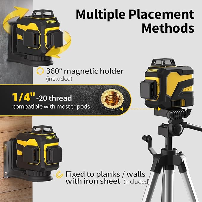 IKOVWUK Laser Level with 12 Green Lines, Built-in 5200 mAh Li-ion Battery | 3×360° Full Coverage, for Construction and Picture Hanging