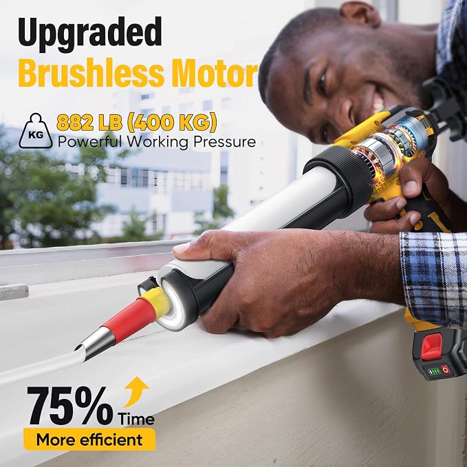Electric Caulking Gun with 2 Batteries, 882LB Thrust, 32Pcs Cordless Caulking Tool, 6-Speed, Anti-Drip Auto-Retract, LED Light Caulk Gun for RV Sealing, DIY & Professional Use