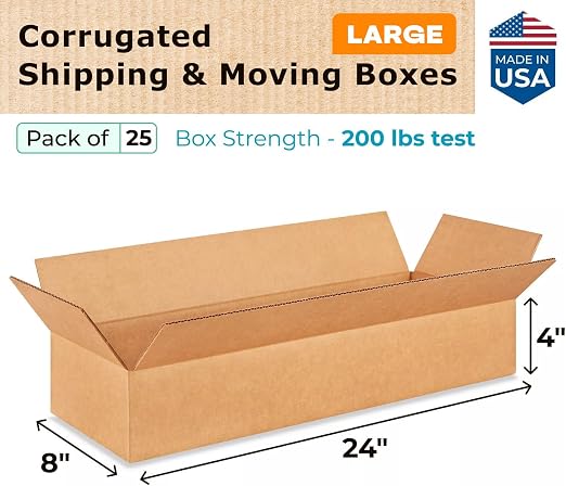 Large Shipping & Moving Boxes 24"L x 8"W x 4"H (25-Pack) - Extra Strength 200 lb vs Regular - USA-Made Corrugated Heavy Duty Moving Boxes - Large Moving Box for Delivering by IDL Packaging