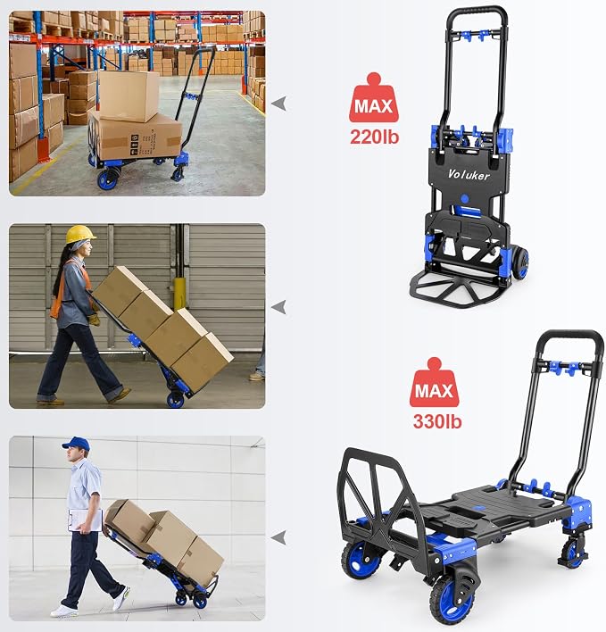 330LB Folding Hand Truck Moving Dolly, Hand Trucks Heavy Duty Combination of 4 Wheels and 2 Wheels Convertible Dolly Cart with Retractable Handle Dolly for Moving Office Carts(Blue)