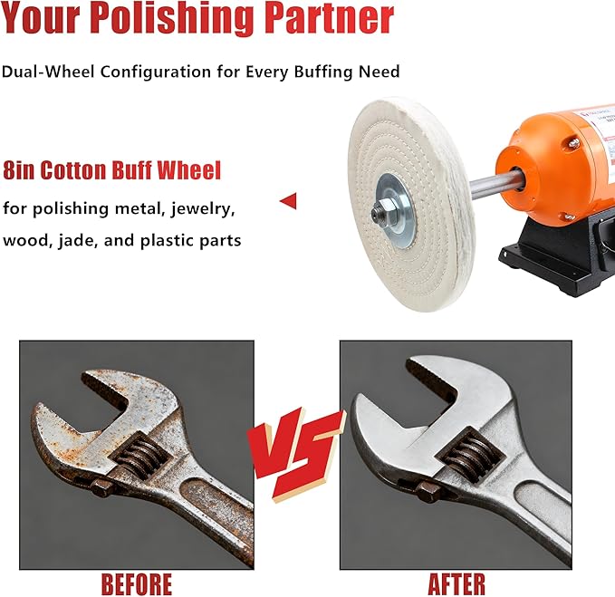 TOOLSPACE 8" Bench Buffer Polisher, 3/4 HP 3450 RPM, Dual Cloth Wheels for Knife Sharpening, Jewelry Polishing, Metal & Wood Finishing