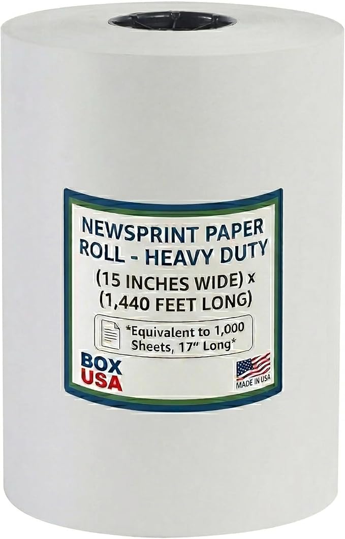 Box USA Packing Paper Roll 15" x 1400ft (1,000 Sheets 17" Equivalent) - Newsprint Paper for Shipping, Storage and Moving Supplies, White