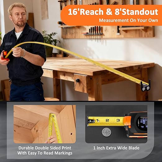 3-in-1 Laser Tape Measure, 197ft Laser Distance Meter, 16ft Digital Tape Measure, Digital Level, Pythagorean/Area/Volume, Rechargeable, Ft/Ft+in/in/M Units, 40 Data Sets