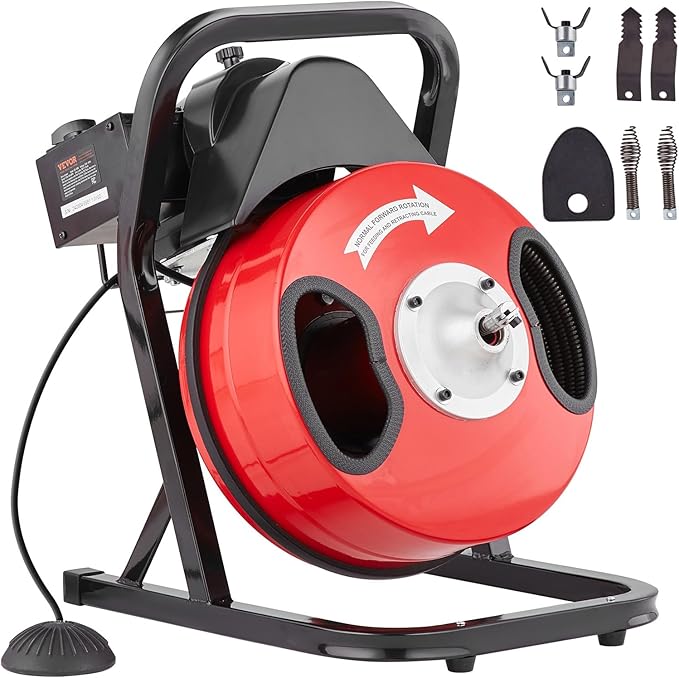 VEVOR Drain Cleaner Machine 50FT x 1/2 Inch, Manual Feed Sewer Snake Auger - with 4 Cutters & Air-activated Foot Switch for 2" to 4" Pipes