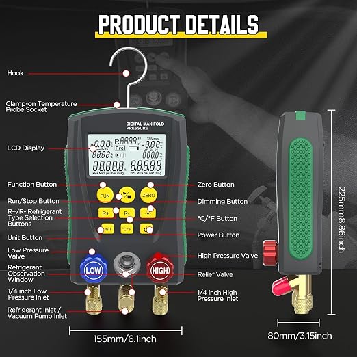 Digital HVAC Manifold Gauge Set,Refrigeration AC Gauges with Thermometer Clamps & Tricolor Hose, Dual Temp & Pressure Sensors for Vacuum & Leak Test,R134a R410a R32 R1234 Refrigerant Recharge Kit
