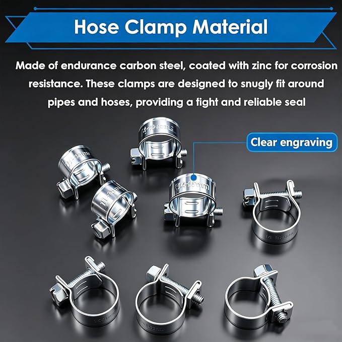 smseace 60Pcs Fuel Line Clamps Fuel Injection Hose Clamps 8-Sizes 7-16mm Zinc Plated High Pressure Hose Clamps For Diesel/Petrol Pipe in Automotive,Marine,Truck