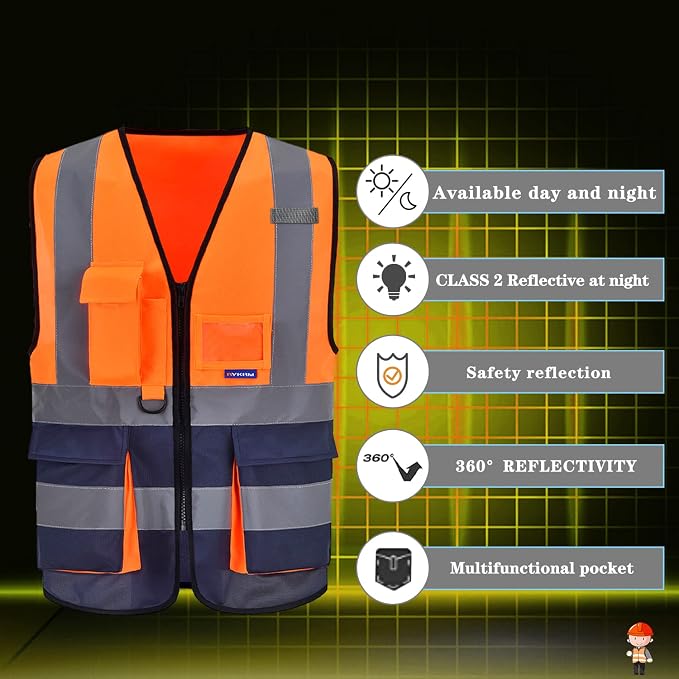 A-SAFETY Hi-Vis Reflective Vest, Radio Loop, Front Zipper, Orange/Navy, XL | Orange/Navy XL Polyester work vest with 7 pockets, black front zipper and reflective strips for road work and utility work.