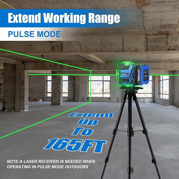 AZZUNO Laser Level with Tripod,4x360° 16 Lines Laser Level 165FT Self Leveling for Outdoor, With Two 4800mAh Rechargeable Li-ion Batteries and Outdoor Receiver, Laser Level Tool for Home Improvement