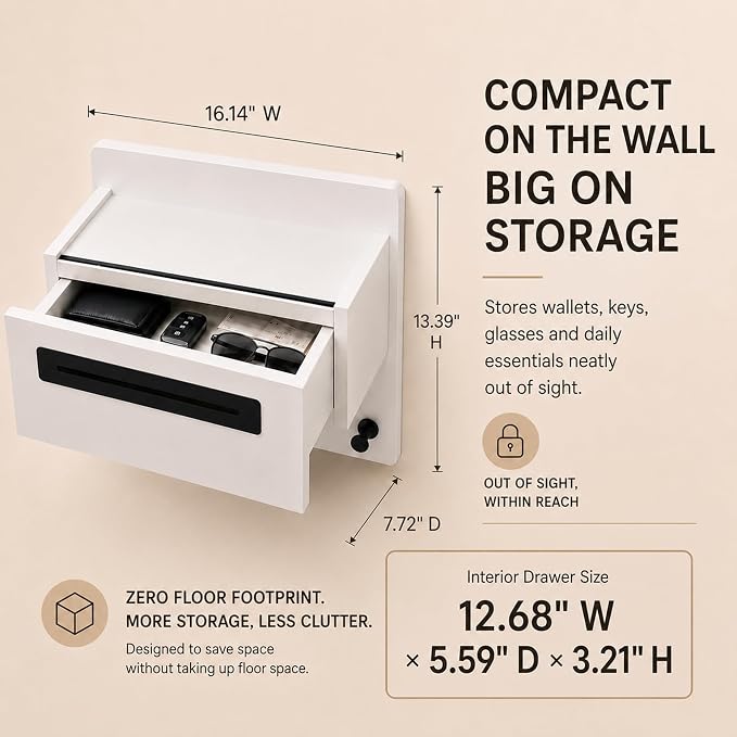 Floating Shelf with Drawer & Hooks, Entryway Organizer with Sensor Light | Italian Wood Veneer, Hidden Drawer, 4 Matte Black Hooks & Warm Sensor Light for Mail, Keys, Wallets, Coats & Daily Essentials