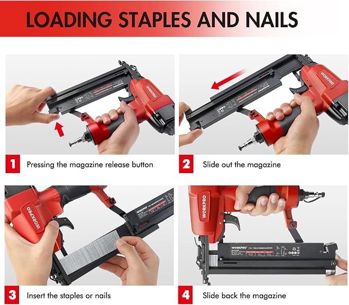 WORKPRO Pneumatic Brad Nailer, 18 GA, 2 in 1 Nail Gun and Crown Stapler, with 400pcs Nails/ 300pcs Staples, for Carpentry, DIY Project, Woodworking
