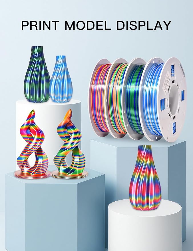 PINBALL Silk Rainbow 3D Printer Filament Bundle, Shiny Multicolor PLA Filament Fast Color Change, 250g Spool, 4 Rolls, 4 Colors