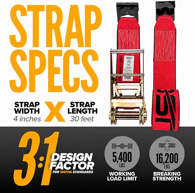 US Cargo Control Flat Hook Ratchet Straps 4” x 30’ (2-Pack), 5,400 LBS Working Load Limit, Red 4 Inch Ratchet Straps with Black Flat Hooks, Professional 4 Inch Straps for Flatbed Trailers