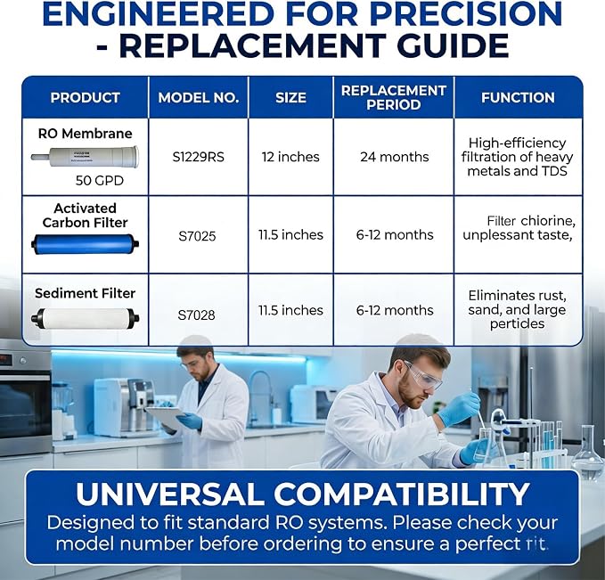 Reverse Osmosis Replacement Filter Kit for Microline 335 System, 3-Stage Filtration with S1229RS (50 GPD), S7028 Sediment/Carbon Block Prefilter, S7025 GAC Postfilter, Long-Lasting Components