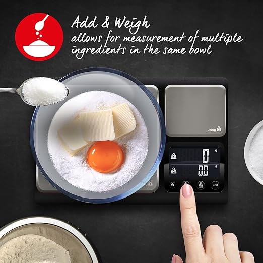 Heston Blumenthal Dual Platform Precision Scale by Salter, 10kg Capacity, Ultimate Accuracy Platforms, Easy-to-Read Digital Display, Measures Metric and Imperial Weight, Aquatronic Feature - Black