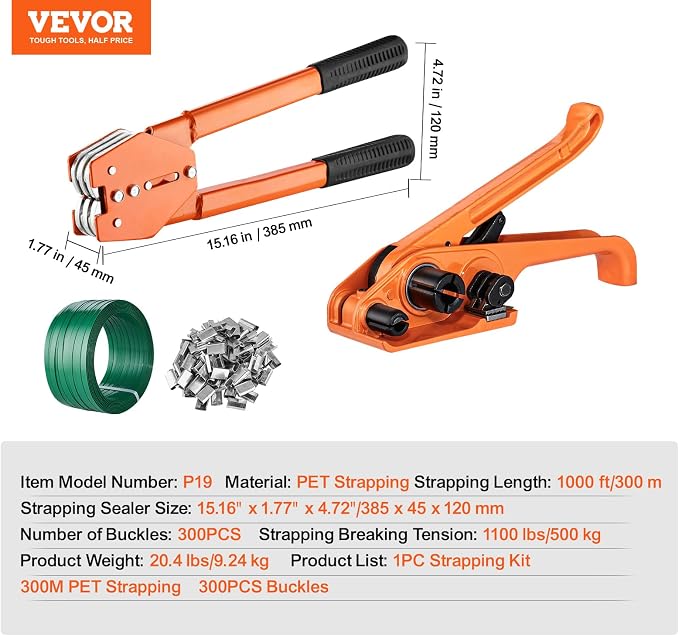 VEVOR Banding Strapping Kit with Strapping Tensioner Tool, Banding Sealer Tool, 1000 ft Length PET Band, 300 Metal Seals, Pallet Packaging Strapping Banding Kit Banding Packaging Strapping for Packing