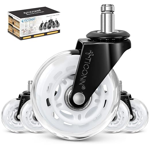 TICONN Office Chair Caster Wheels Set of 5 for Tile, Hardwood Floors and Carpets, Universal Fit for Most Chairs (White)