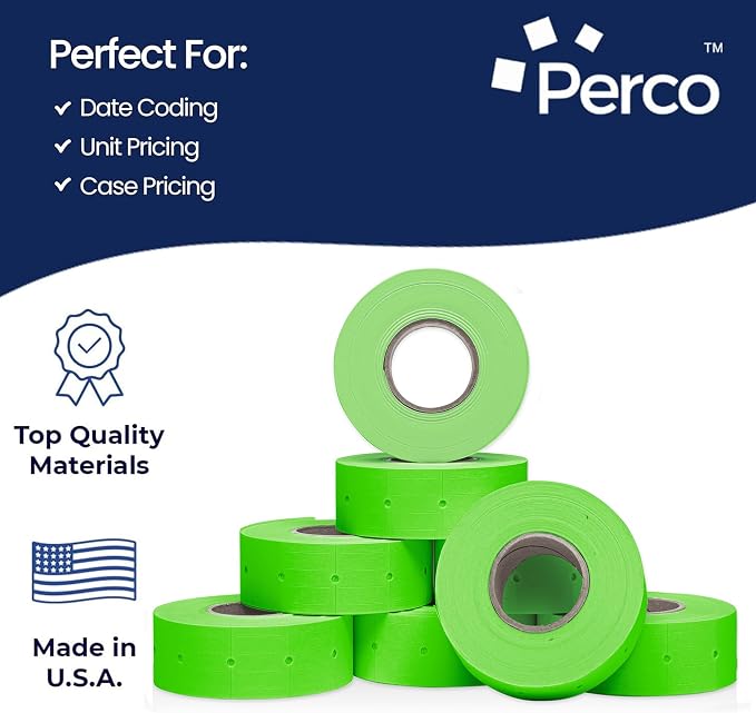 Perco 2 Line Fluorescent Green Labels - 60,000 Blank Price and Date Gun Labels for Perco 2 Line Price and Date Guns - 80 Rolls, 10 Sleeves - Made in USA