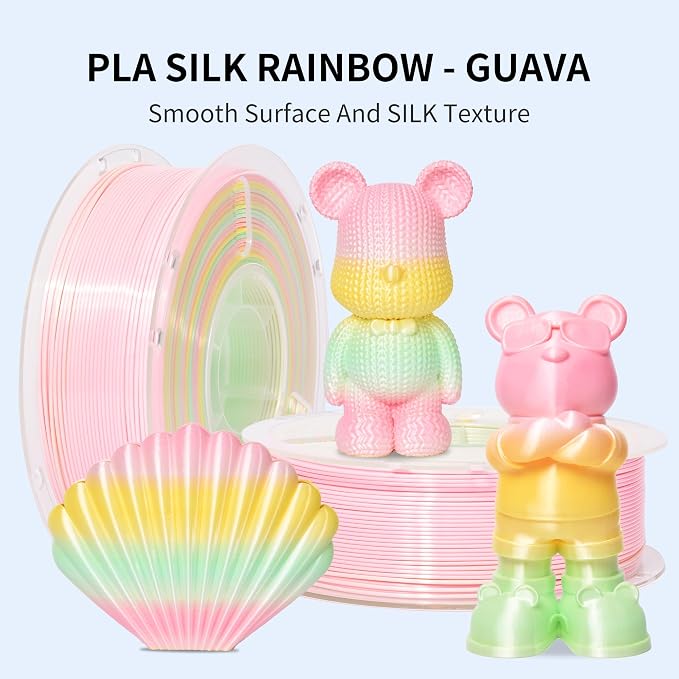 RAMBERY 3D Printer Filament 1KG Silk Rainbow PLA Filament Fast Color Change Toughness Upgraded 3D Printing Filament, 1.75mm 1kg(2.2lb), Pink Yellow Green