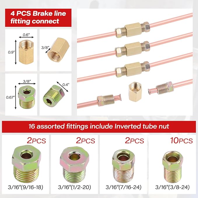 25 ft 3/16'' Copper Coated Brake Line Kit (Includes 16 Fittings and 4 Unions Brake Line Fittings) + Double & Single Flaring Tool Kit for Automotive, Fuel,Hydraulic Systems