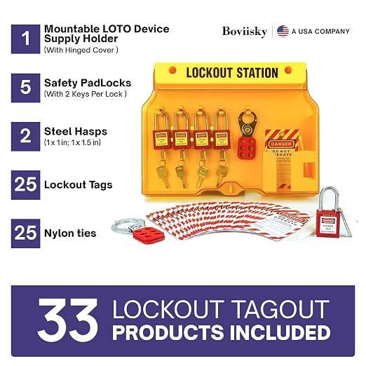 Lockout Tagout Station Kit with 5 Safety Padlocks and 2 Hasps | Wall-Mounted LOTO Organizer with 25 Lock Out Tag Out Tags and Ties for Maintenance Teams, Workshops and Industrial Facilities
