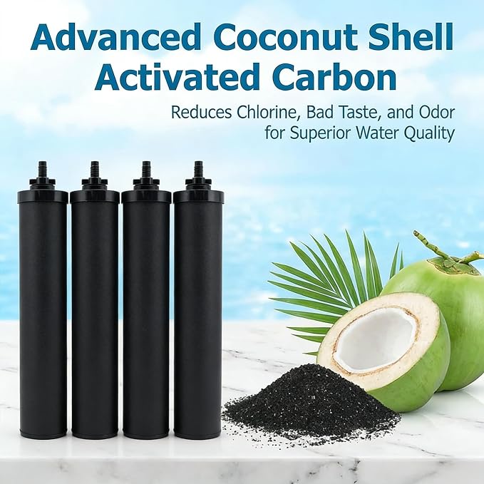 Black Filter 4 Packs, NSF/ANSI 42 Certified Replacement for BB9-2 Purification Elements, Compatible with Berkey Gravity Water Filtration System, Reduces Contaminants & Improves Water Taste