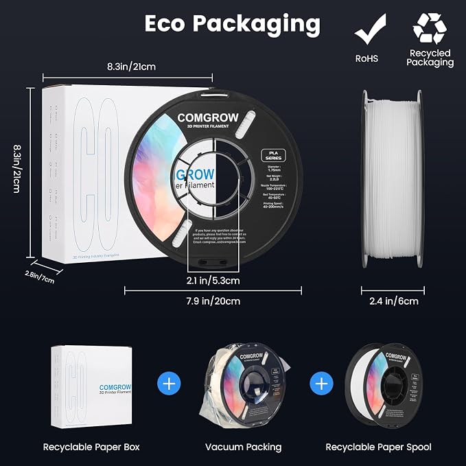 Comgrow PLA 3D Printer Filament, 3D Printer PLA Filament 1.75mm, Dimensional Accuracy +/- 0.02 mm, 1KG Spool PLA White