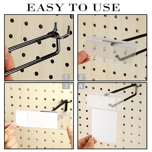 Tandefio 50 Pack 11 Inch Black Metal Peg Board Hooks with Clear Plastic Label Holder Stainless Steel Display Pegboard Hooks for 1/8'' to 1/4'' Pegboard Wall for Garage Storage Retail Shop Supplies
