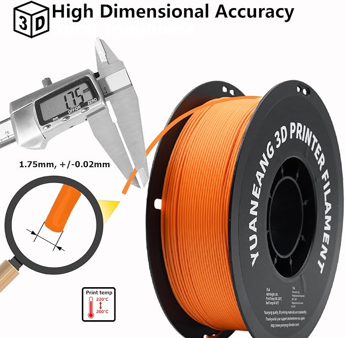 Orange PLA 3D Printer Filament 1.75mm, 1kg Spool, Bright Smooth Finish, ±0.03mm Precision, Low-Warp & Easy Printing, Ideal for Models, Crafts, Prototypes, Decorations & Display Prints