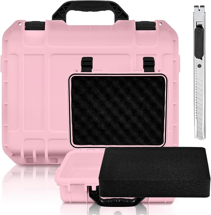 Relaxweex 1 Pcs Waterproof Hard Case with DIY Customizable Foam Insert Portable Protective Case with Knife for Camera Drones Equipments Tools Test Instruments(Pink,14.3 x 11.4 x 4.5 Inch)