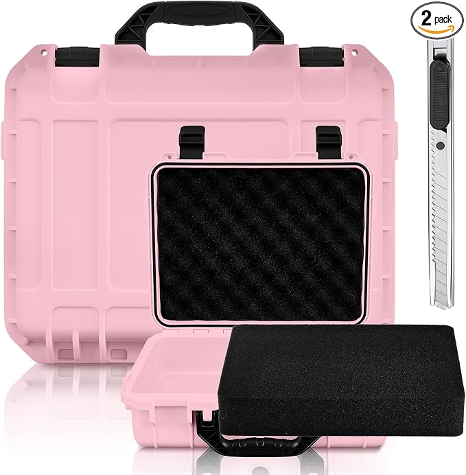 Relaxweex 1 Pcs Waterproof Hard Case with DIY Customizable Foam Insert Portable Protective Case with Knife for Camera Drones Equipments Tools Test Instruments(Pink,11.3 x 8.7 x 4.2 Inch)