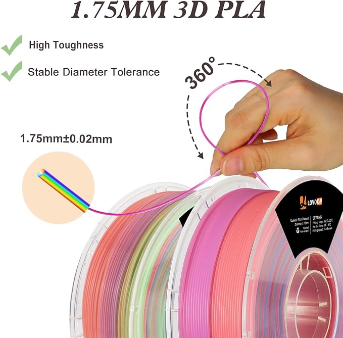 LOVOON Glow in The Dark Filament Multicolor，3D Printer Filament Bundle, PLA Filament 1.75mm, Dimensional Accuracy +/- 0.02 mm，for Halloween and Christmas Decorations, Glow Rainbow, 1KG X 2 Spools
