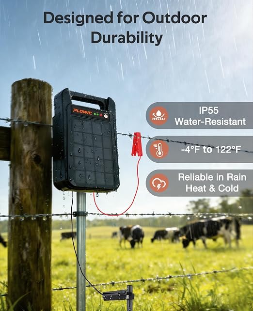 Solar Electric Fence Charger 10 Miles, 0.20J Solar Powered Fence Energizer with Rechargeable 10400mAh Battery, Portable Electric Fence Kit for Livestock, Chicken, Garden Protection, Auto Day/Night