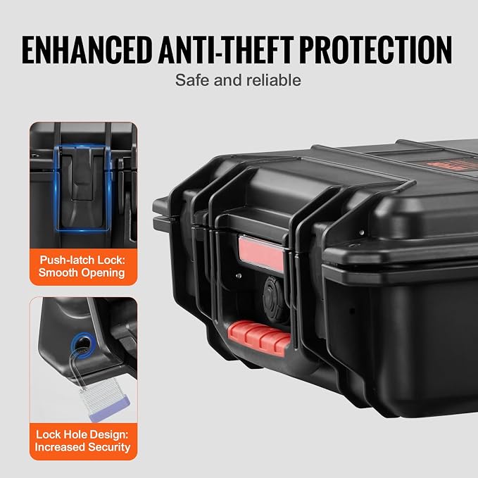 VEVOR Weatherproof Hard Case, Heavy Duty Protective Dry Box with Pre-cut Foam, Retractable Pull Handles for Travel, Hunting, Military, Tactical, IP67 Waterproof Case for Cameras(14.96x11.81x5.51)