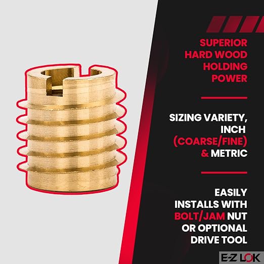 E-Z LOK Knife Threaded Insert for Hard-Wood, Brass Thread Inserts, M8-1.25 Internal Threads, 0.625" Length Pack of 10