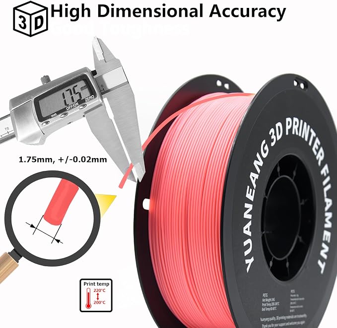 PETG 3D Printer Filament, Dimensional Accuracy +/- 0.03 mm, 1 kg Spool(2.2lbs), 1.75 mm, Pink