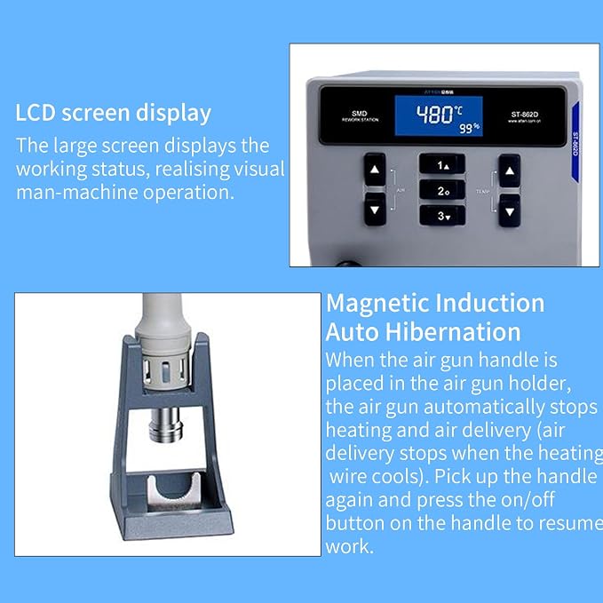 ST-862D Lead-free Hot Air Gun Soldering Station, 1000W Digital Display BGA Rework Station Automatic Sleep Repair Tool for PCB Chip Soldering Repair Desoldering Station