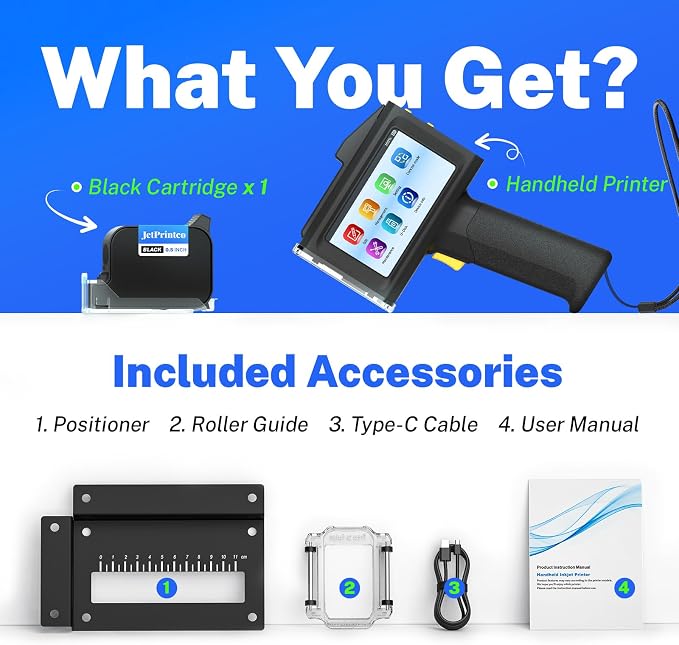 0.5 Inches Print Height Intelligent Handheld Inkjet Printer Lasts 16H Weighs Only 390g for Batch Code Date Lot Number Print on Plastic Carton Wood Metal Glass Aluminum with 42ml Fast Dry Ink (Black)