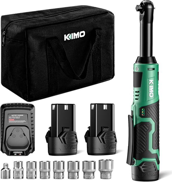 KIMO Extended Cordless Ratchet Wrench 3/8" Set, 400RPM 40Ft-Lbs 4-Inch Long Neck Electric Ratchet Wrench w/Variable Speed, 7 Sockets & 1/4" Adapter, 12V Power Ratchet Wrenches w/ 2x2.0 Ah Batteries
