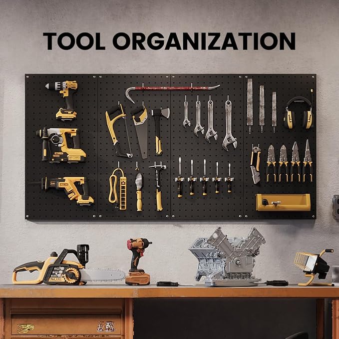 Pegboard, Metal Peg Board, 24x12 inch Black Pegboard with 38 Pcs Hooks, Sturdy Peg Board for Garage Tool Organization, Home & Office Wall Decoration (Black, 2 Pack)
