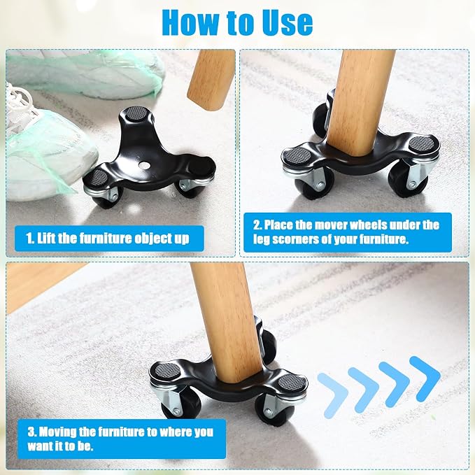 Tallew 24 Pcs Furniture Moving Dolly 3 Wheel Steel Tri Dolly Heavy Duty Movers Mobile Rollers Triangle Swivel Caster Easy Moving Tool for Home Furniture 200 Lbs Load Capacity