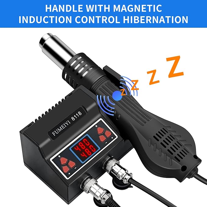 8118 Soldering Station Kit: Includes an 8118 hot air gun, 2 rolls of solder wires, 5 soldering tips, a simple stand, a desoldering pump, and a pair of curved tweezers