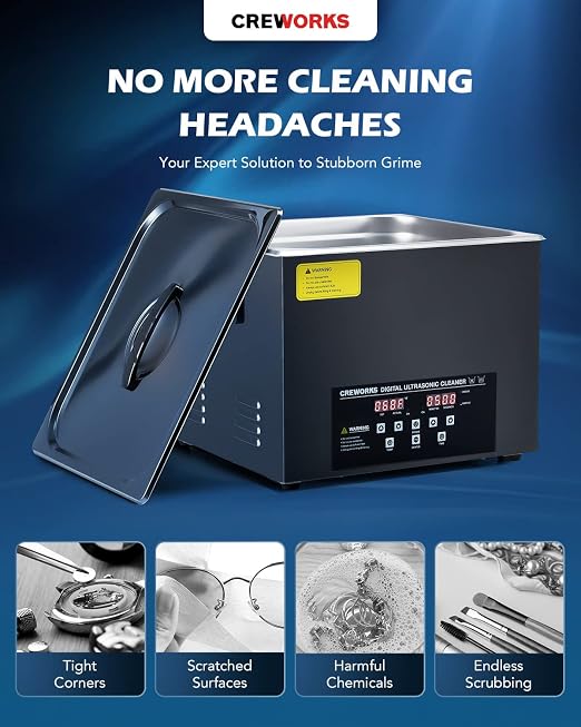 CREWORKS 15L Digital Ultrasonic Cleaning Machine with Degas and Gentle Mode, 360W Ultrasonic Cleaner with Heater and Timer, 40kHz Ultrasound Cleaner for Industrial Parts Carburetor Auto Tool
