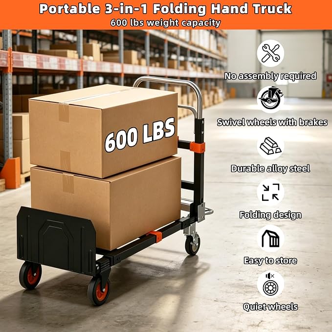 3 in 1 Hand Truck, 600Lbs Capacity, Heavy Duty Collapsible Cart with Retractable Handle, Dolly Cart with 2 Universal Wheel with Brake for Moving Home, Office, School, Shopping, Warehouse, Orange