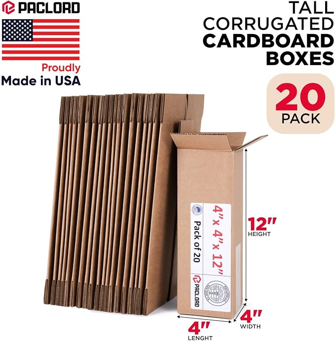 Tall Cardboard Boxes 4"L x 4"W x 12"H (Pack of 20) - USA-Made Packing Boxes for Moving, Shipping, or Storage - USPS, UPS, FedEx Approved - Professional Packing Supplies for Moving | USA-Made Packing Boxes for Moving, Shipping, or Storage - USPS, UPS, F...