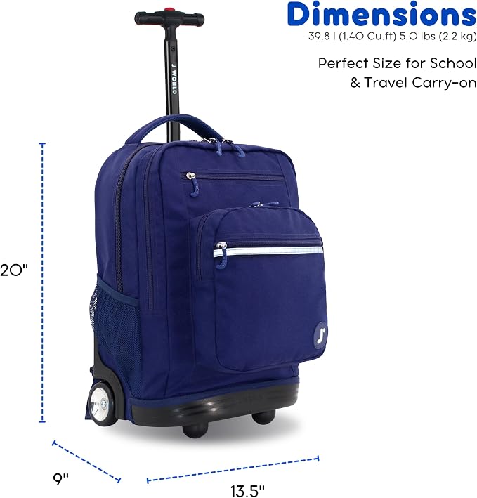 J World Sundance Laptop Rolling Backpack for Girls Boys. Roller Bookbag with Wheels, 20 Inch, Navy