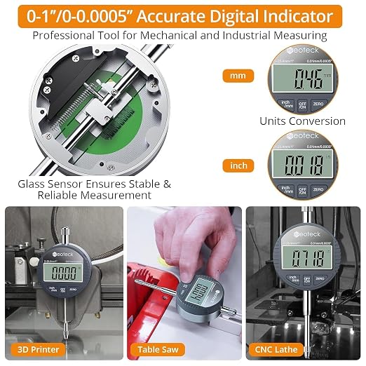 Neoteck Digital Dial Indicator Gauge and Magnetic Base Set with Storage Case 0-1 inch/ 25.4mm, 0.0005inch/0.01mm Inch/Metric Conversion Measuring Tool for 3D Printer Lathe Workshop Woodworking-Silver