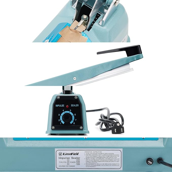 Commercial Bag Sealers 12 inch, 2mm Sealing Width Iron Impulse Sealer, Heavy Duty Manual Shrink Wrap Heat Sealer Machine with 1 Replacement Kits 2 Fuses, Blue